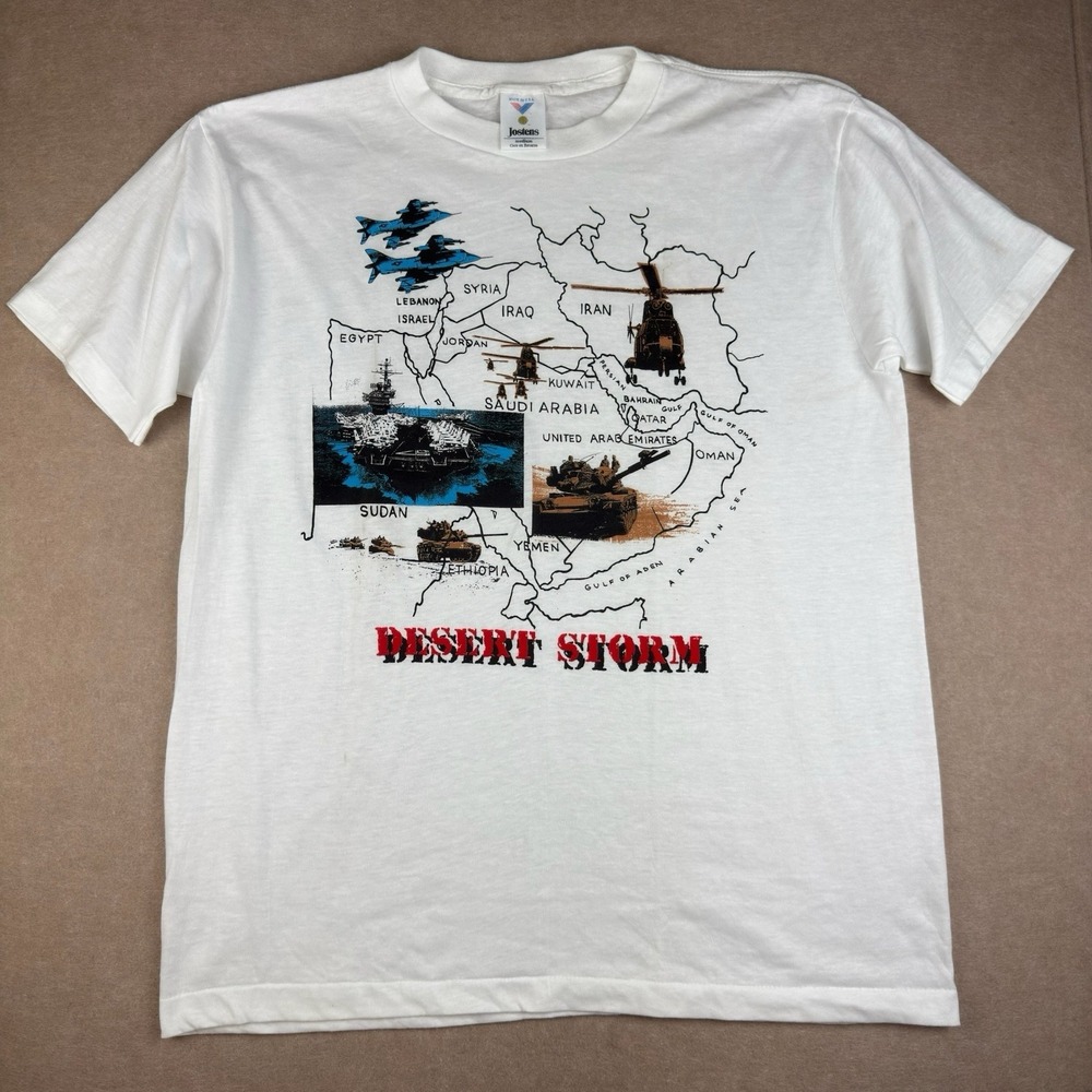 Vintage Jostens Desert Storm T-Shirt M White Military‎ Map Graphic Single Stitch